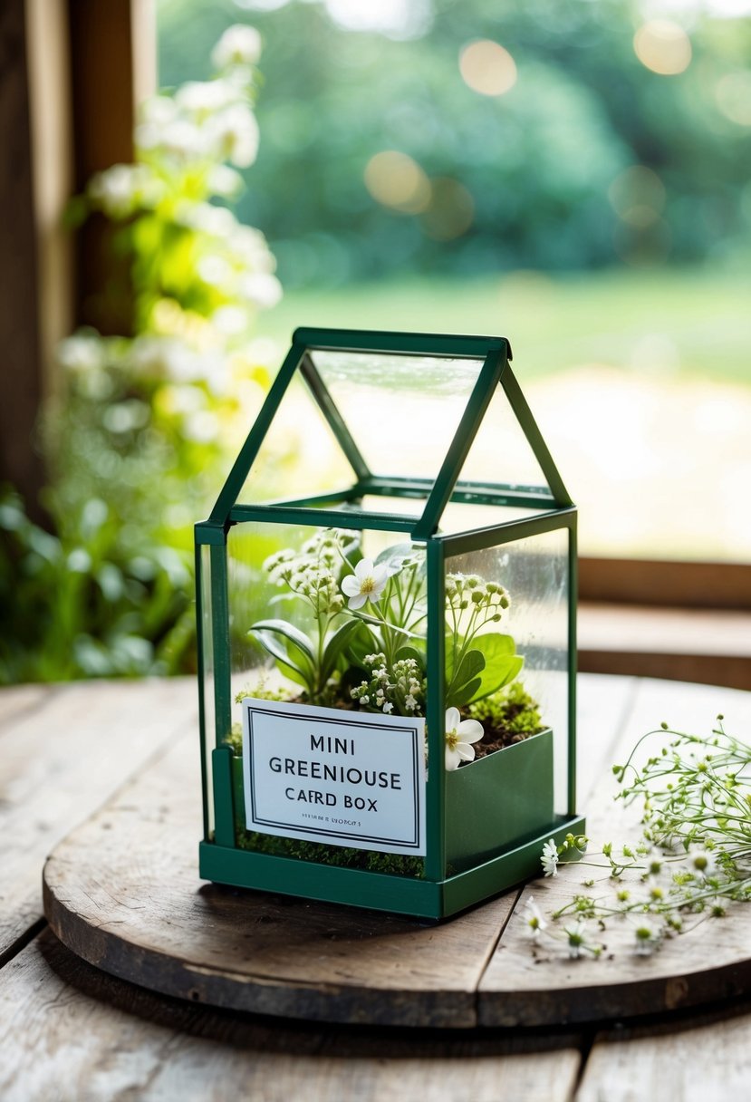 A mini greenhouse card box sits on a rustic wooden table, surrounded by delicate flowers and greenery, with soft sunlight streaming through the glass