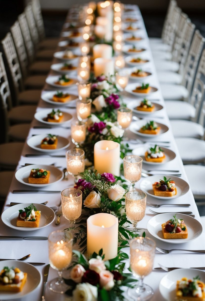 A long table displays an array of elegant dishes and appetizers, surrounded by floral centerpieces and soft candlelight