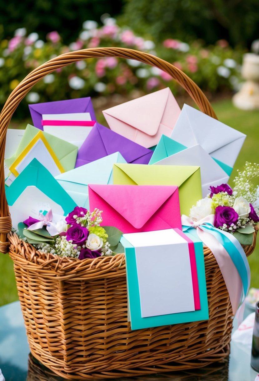 A wicker hamper overflowing with colorful wedding cards and envelopes, adorned with ribbons and floral decorations