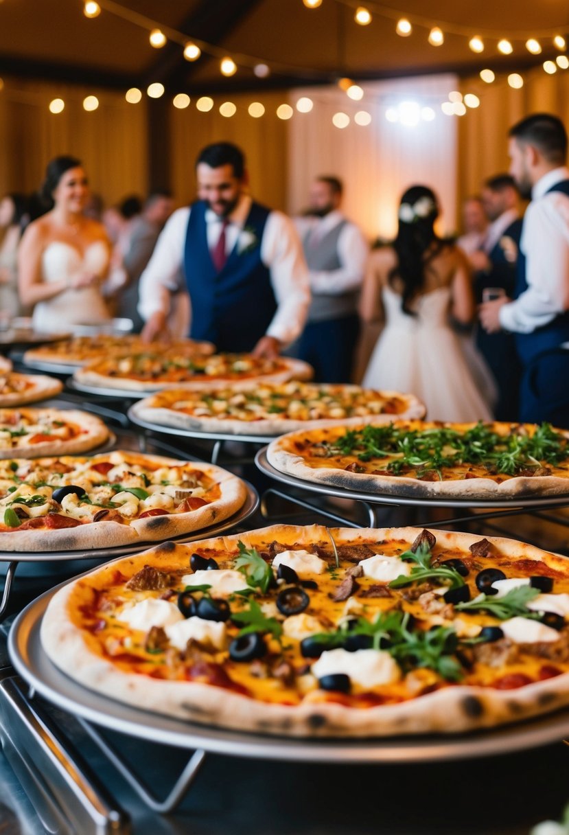 A bustling brick oven pizza buffet at a wedding reception, with a variety of toppings and a warm, inviting atmosphere