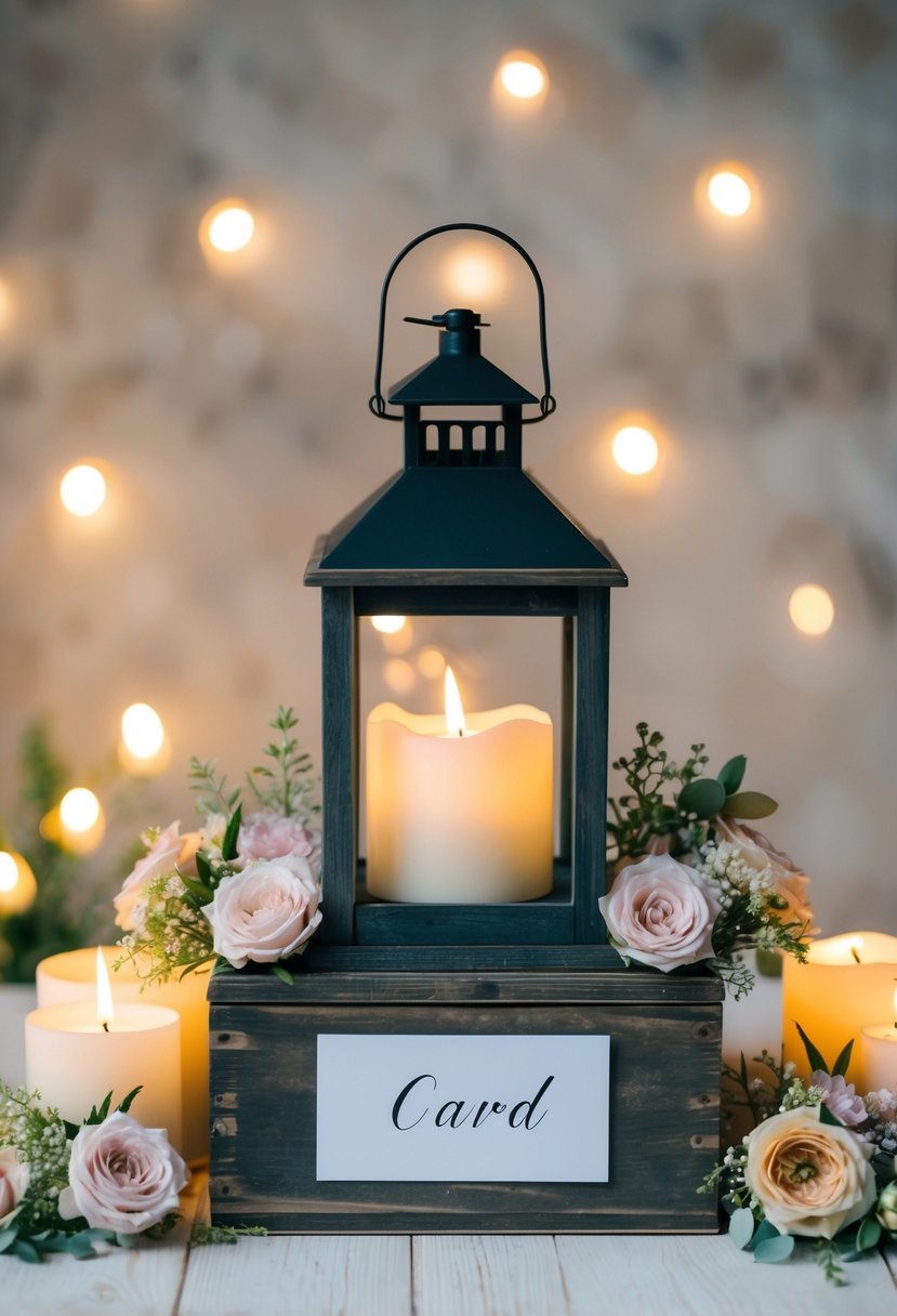 A rustic wooden card box adorned with a candle lantern, surrounded by delicate floral arrangements and soft candlelight