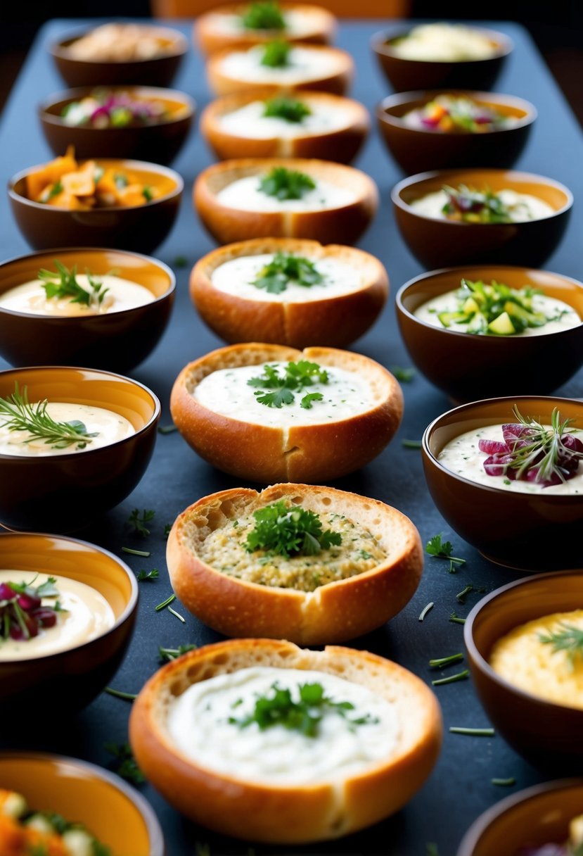 A table set with an assortment of bread bowls filled with various dips and surrounded by decorative garnishes