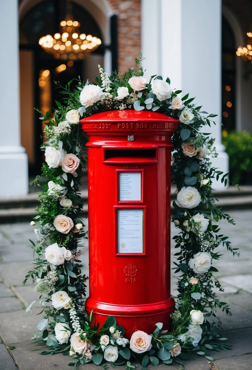 A vintage red post box adorned with wedding decor, surrounded by flowers and greenery