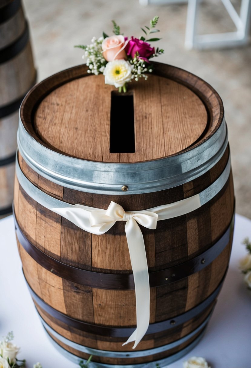 A rustic wooden barrel with a slot on top, adorned with flowers and ribbons, serving as a wedding card box