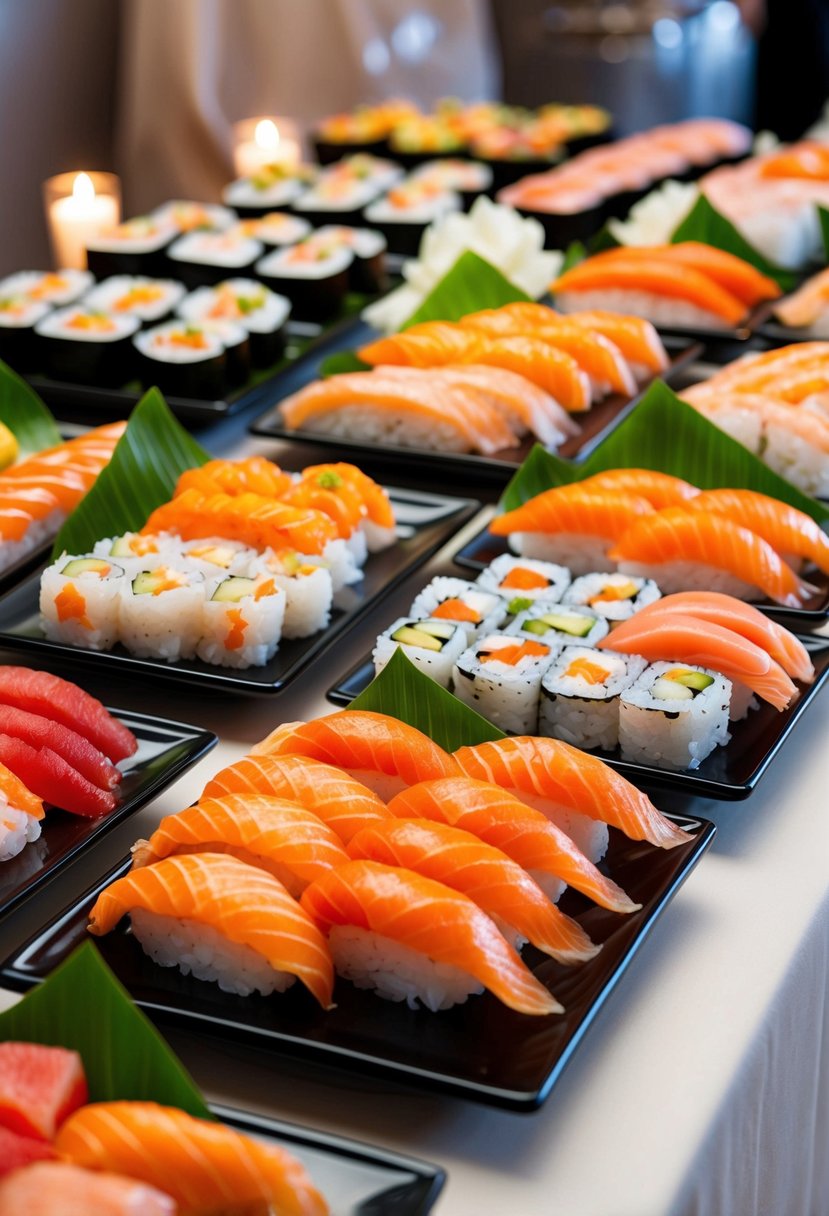 A colorful array of sushi rolls, sashimi, and nigiri arranged on elegant serving platters at a sushi bar wedding buffet