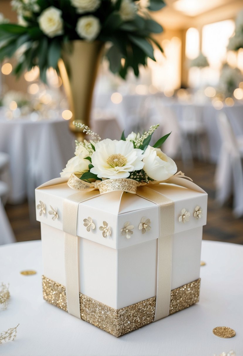 A white and gold decorated Dollar Store box sits on a table, adorned with ribbons, flowers, and glitter for a wedding card box