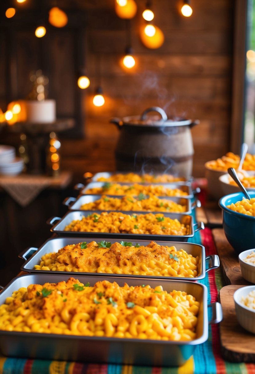 A colorful buffet table with steaming trays of Cajun Mac and Cheese, surrounded by rustic decorations and warm lighting