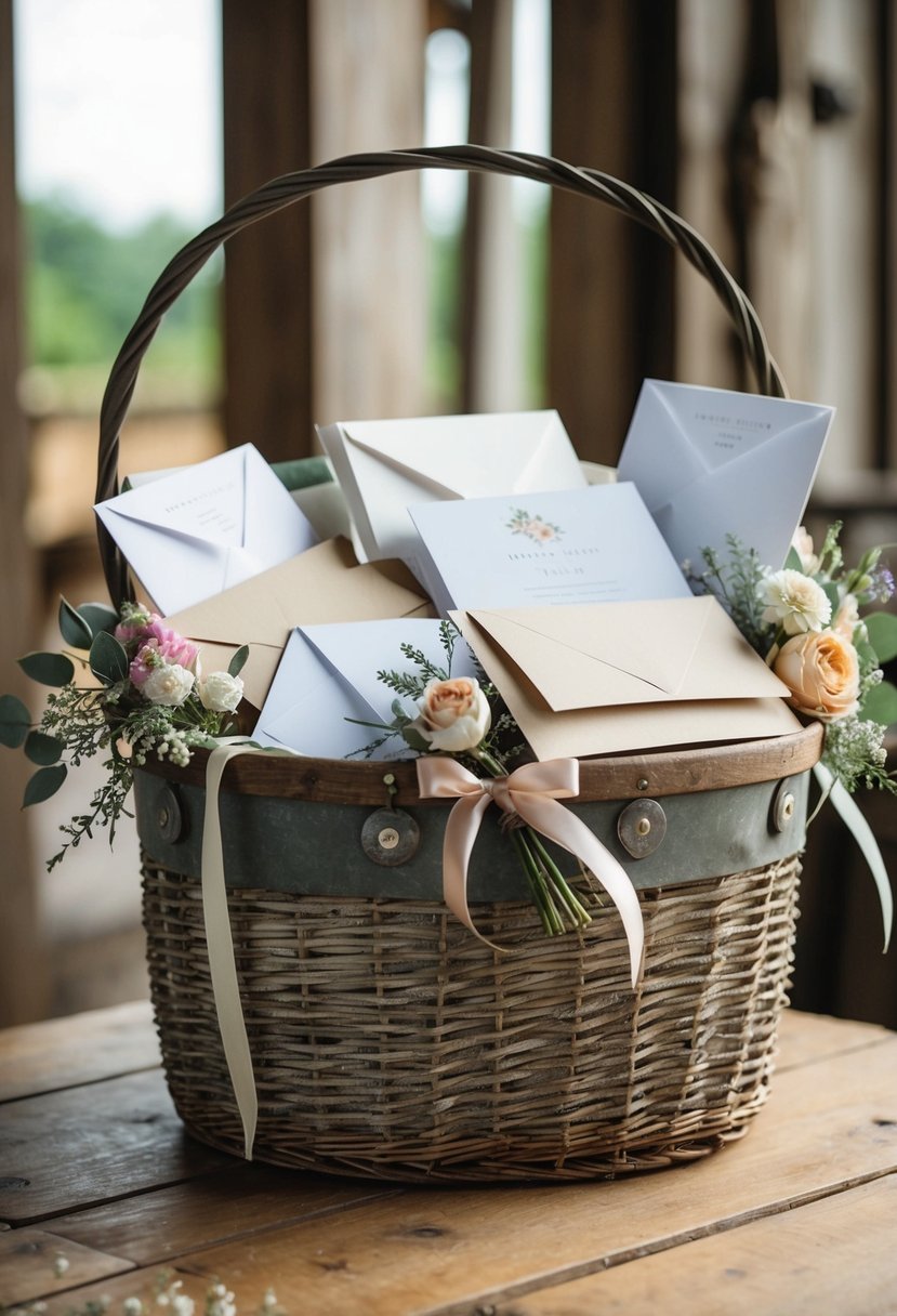 A rustic, repurposed storage basket overflowing with wedding cards and envelops, adorned with floral decorations and ribbons