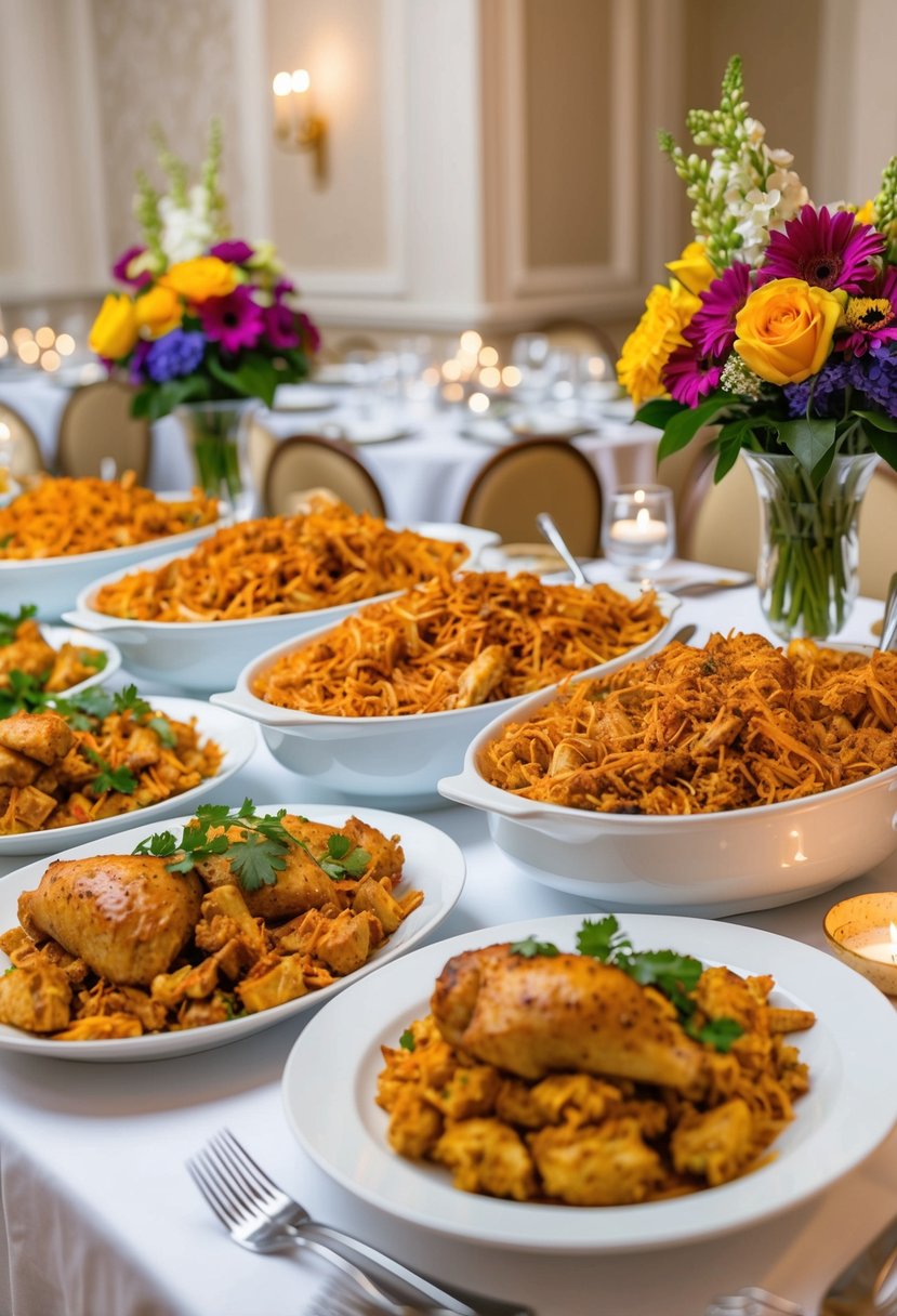 A colorful buffet spread with pulled chicken dishes, surrounded by elegant table settings and floral centerpieces