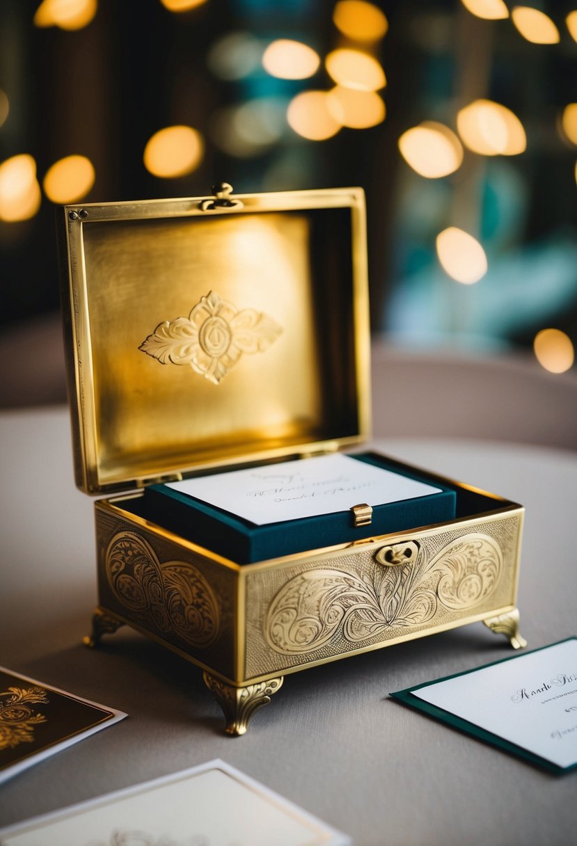 A brass keepsake box with intricate engravings sits open, ready to hold wedding cards