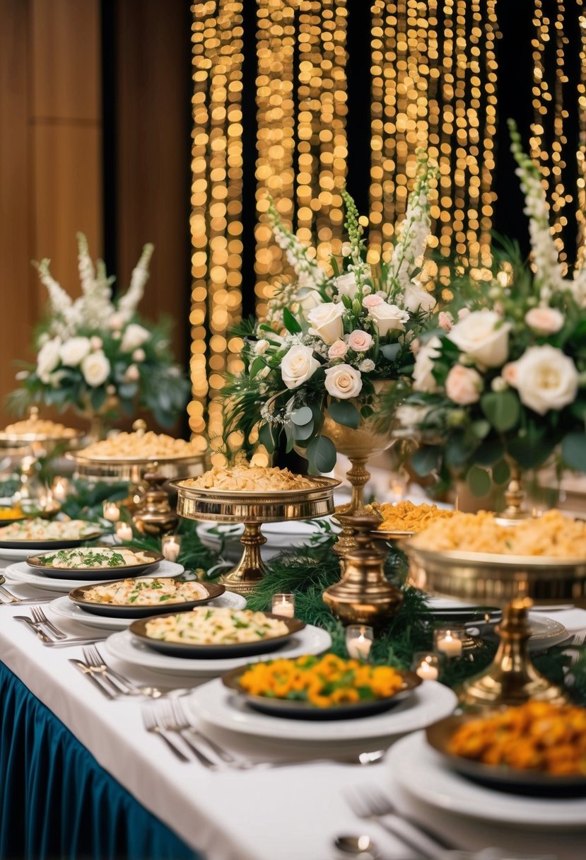 A grand buffet table adorned with elegant dishes and floral arrangements, set against a backdrop of twinkling lights and festive decor