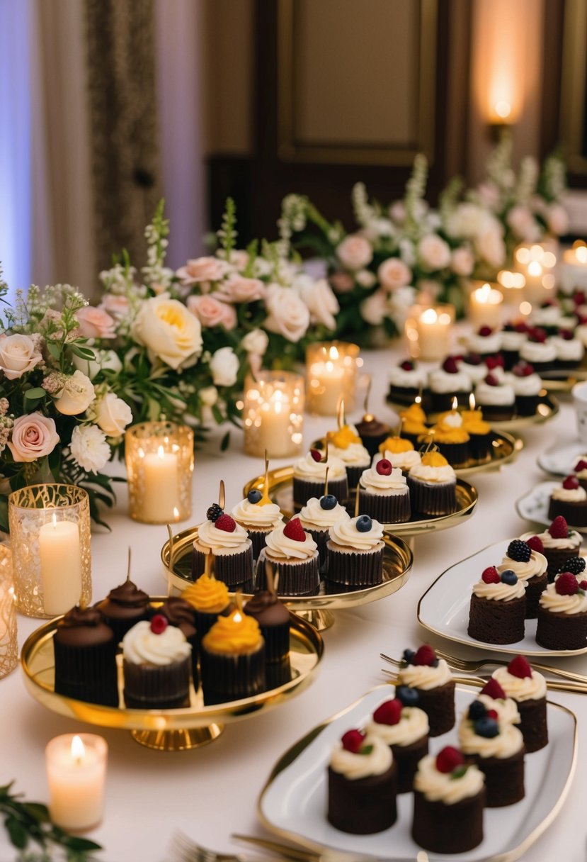 A lavish buffet table adorned with elegant cake shooters in various flavors and decorations, surrounded by delicate floral arrangements and twinkling candlelight