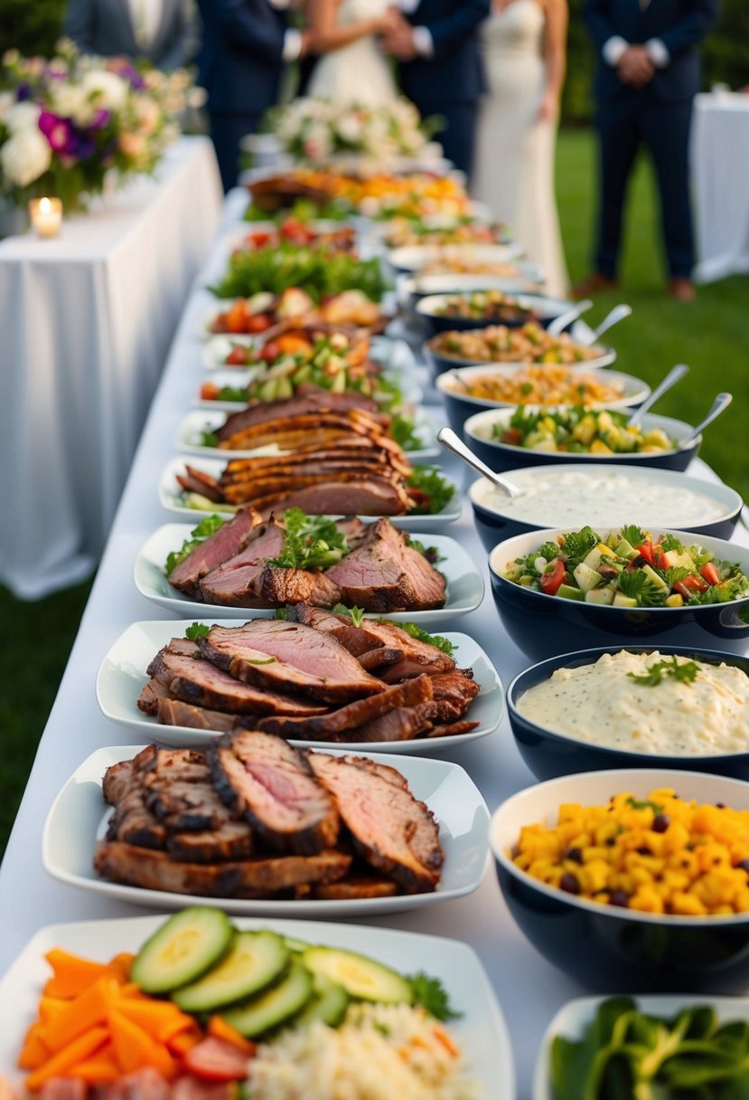 A colorful array of grilled meats, fresh salads, and savory sides spread out on a long buffet table at a wedding reception