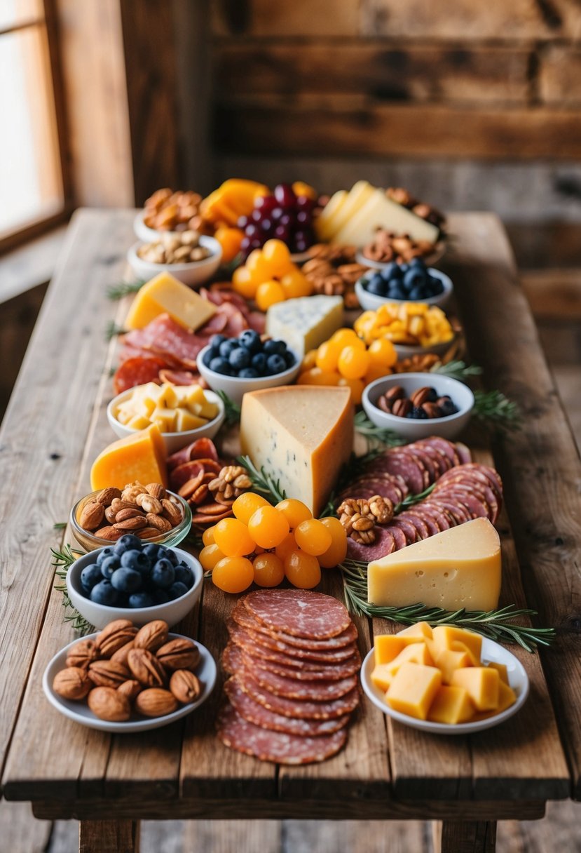 A rustic wooden table adorned with an array of cured meats, cheeses, fruits, and nuts arranged in an artful display