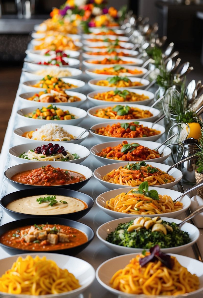 A colorful array of pasta dishes, sauces, and toppings displayed on a long buffet table with elegant serving utensils and decorative garnishes