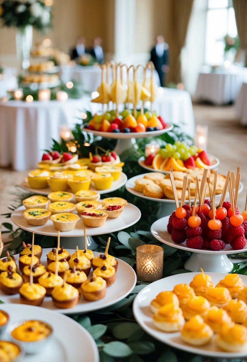 A buffet table adorned with various brunch bites, including mini quiches, fruit skewers, and pastries, set up in an elegant wedding reception venue