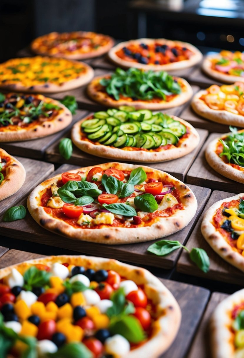 A colorful array of freshly baked organic pizzas arranged on rustic wooden boards with an assortment of vibrant, fresh toppings