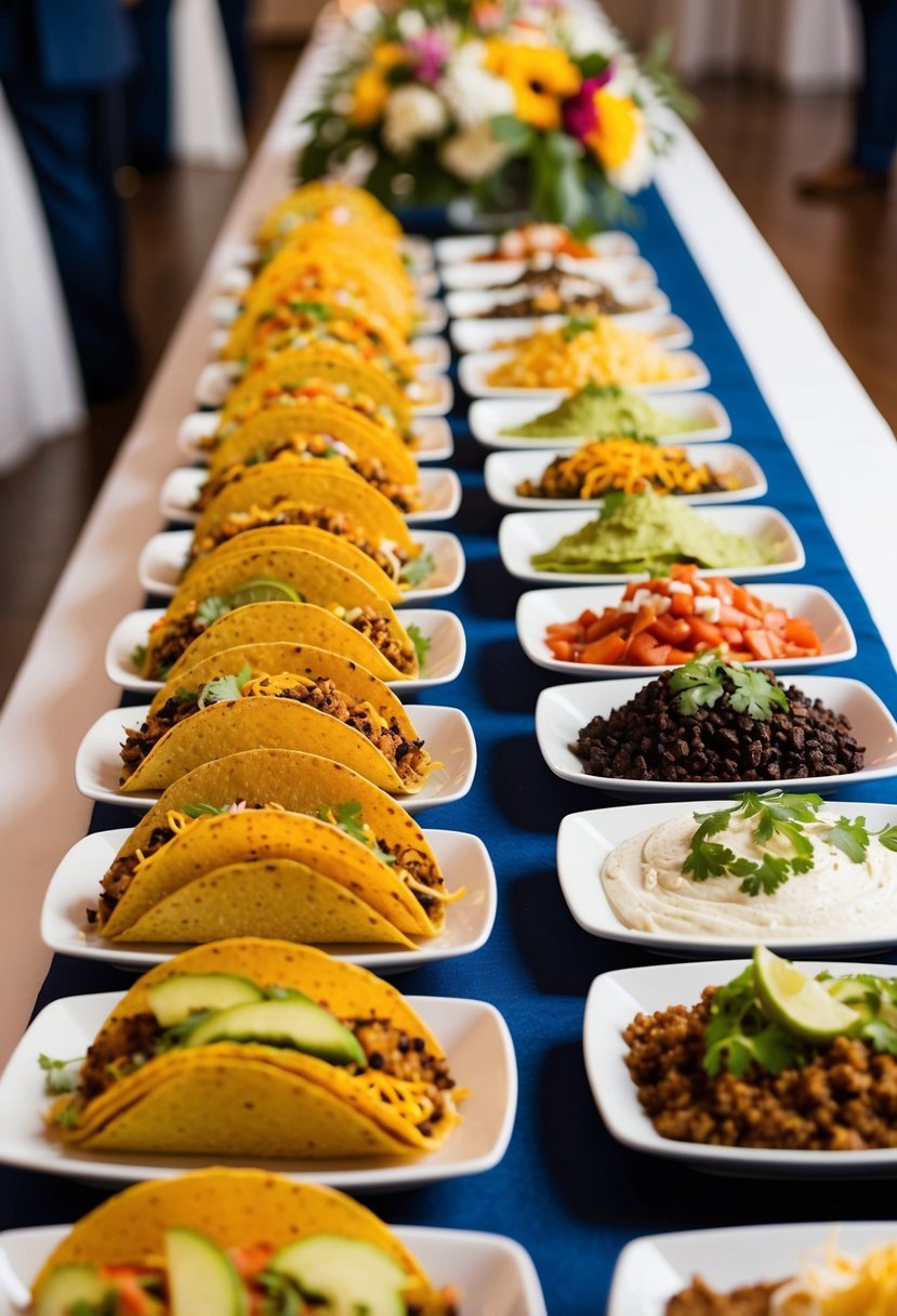 A colorful array of taco fillings and toppings spread out on a long buffet table at a wedding reception