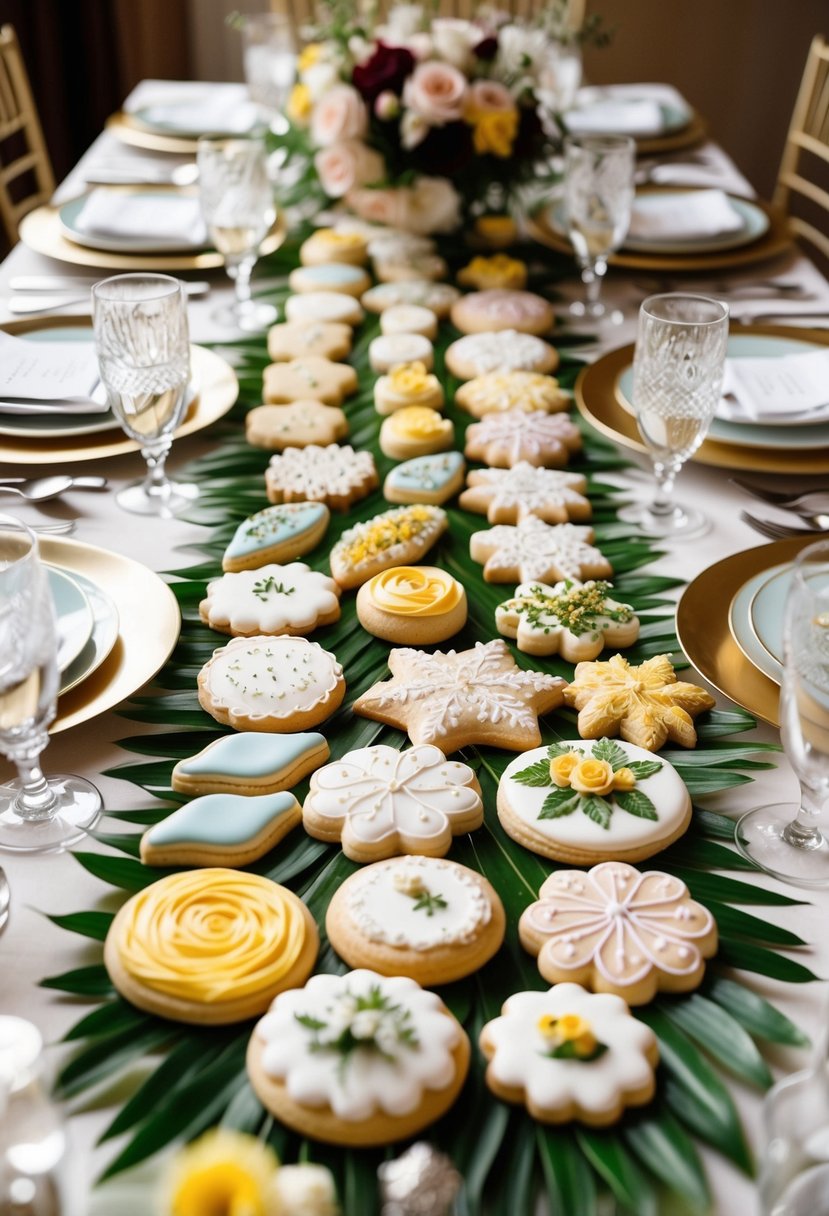 A table adorned with an array of delicately decorated wedding cookies in various shapes and colors, surrounded by floral arrangements and elegant place settings