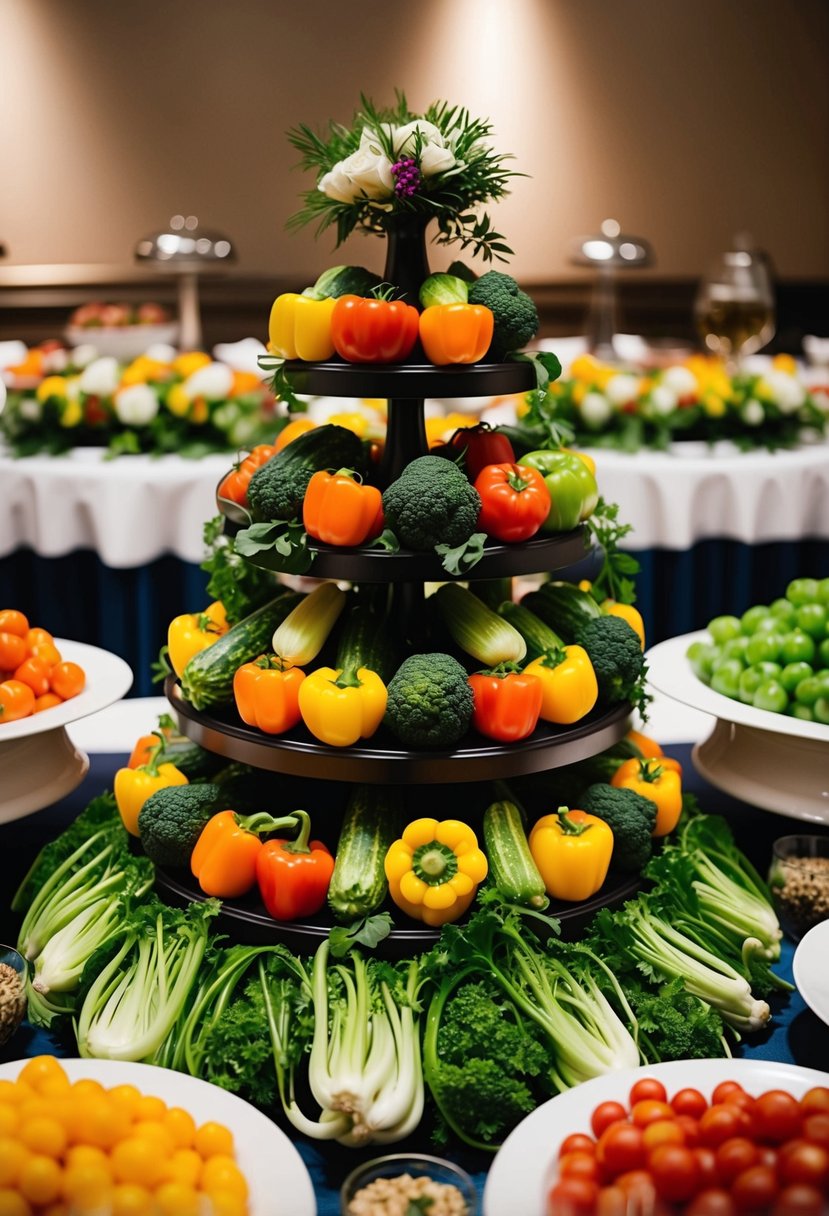 A colorful array of fresh vegetables arranged in an elegant, cascading display for a wedding buffet