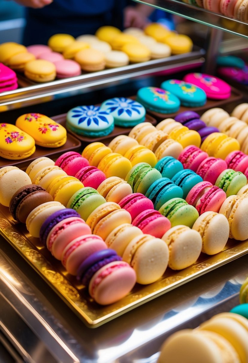 Colorful macarons arranged in a traditional French patisserie display, with vibrant cultural decorations and motifs incorporated into the dessert presentation