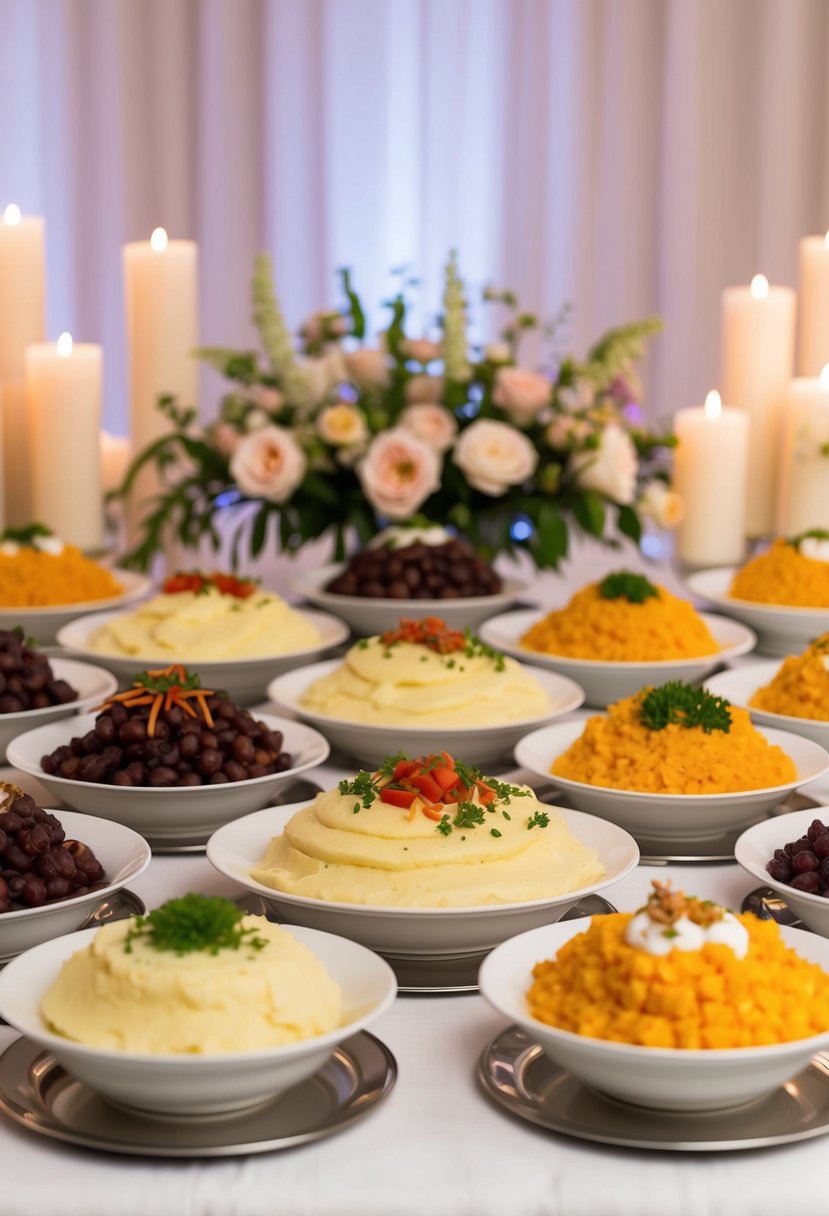 A lavish buffet spread with elegant mashed potato stations, adorned with various toppings and garnishes, set against a backdrop of soft candlelight and delicate floral arrangements