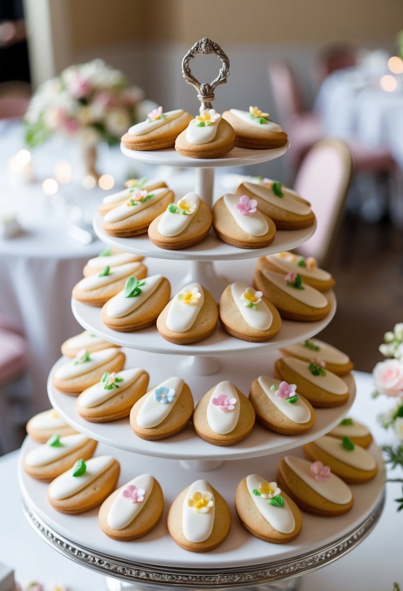 A tower of delicate Madeleine wedding cookies, adorned with pastel flowers and elegant icing, displayed on a tiered stand