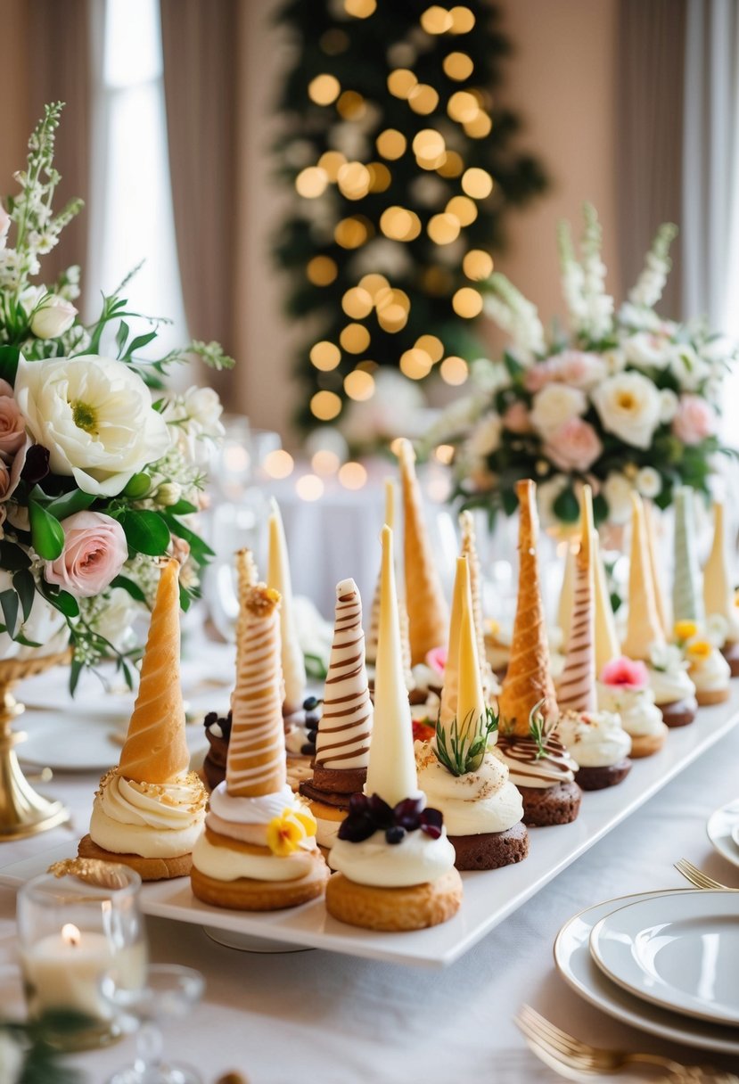 A table adorned with cream horns in a variety of flavors and designs, surrounded by delicate floral arrangements and elegant wedding decor