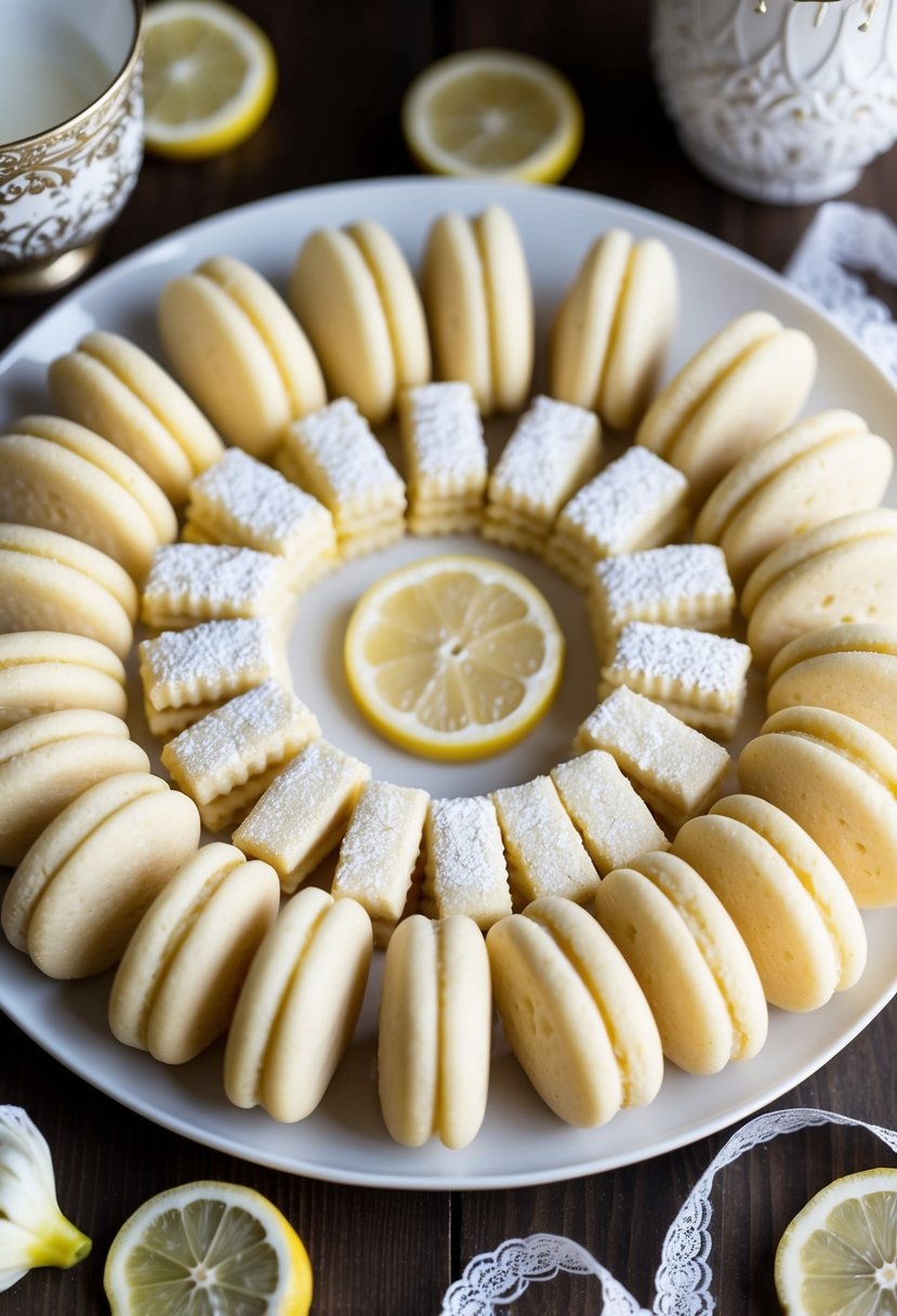 A plate of lemon sandwich cookies arranged in a circular pattern with a decorative wedding theme