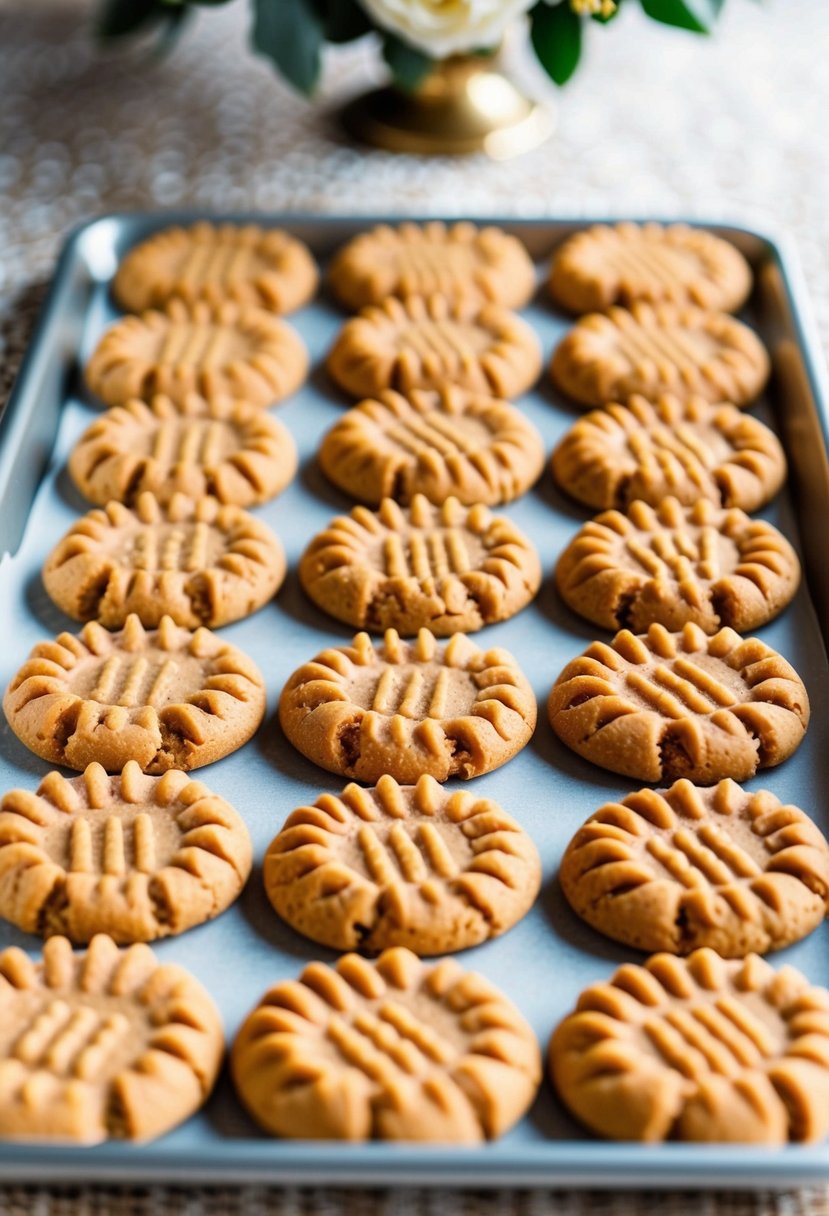 A tray of peanut butter striped cookies arranged in a decorative wedding theme