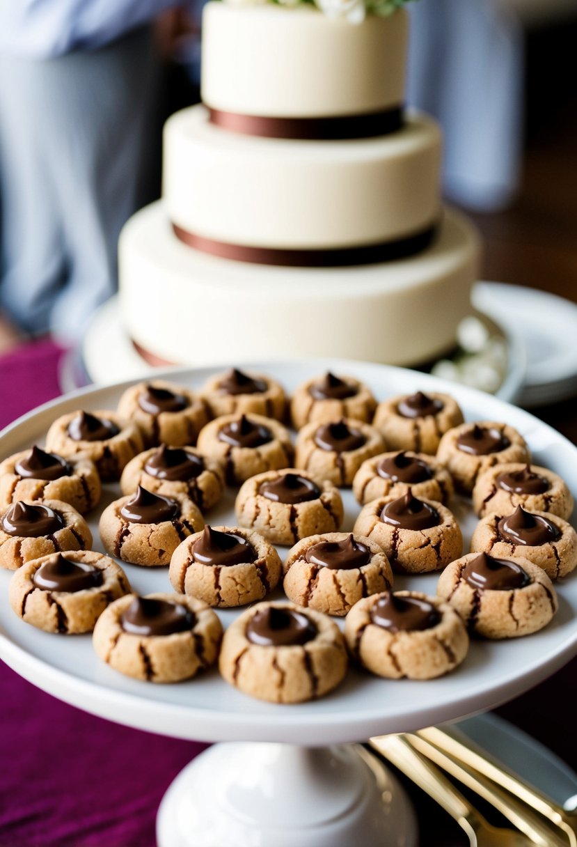 A plate of Nutella thumbprint cookies arranged in a circular pattern with a wedding cake in the background