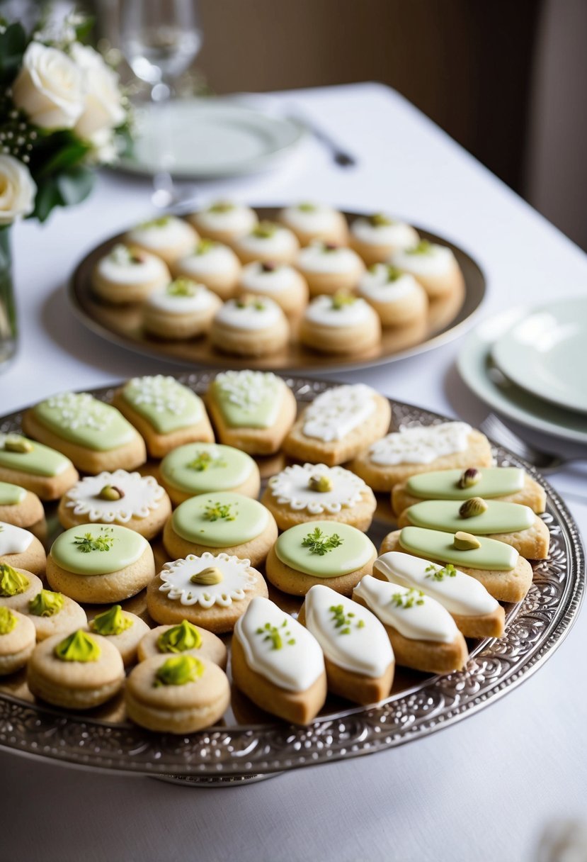 A table set with a variety of pistachio wedding cookies, decorated with delicate icing and arranged on a decorative platter