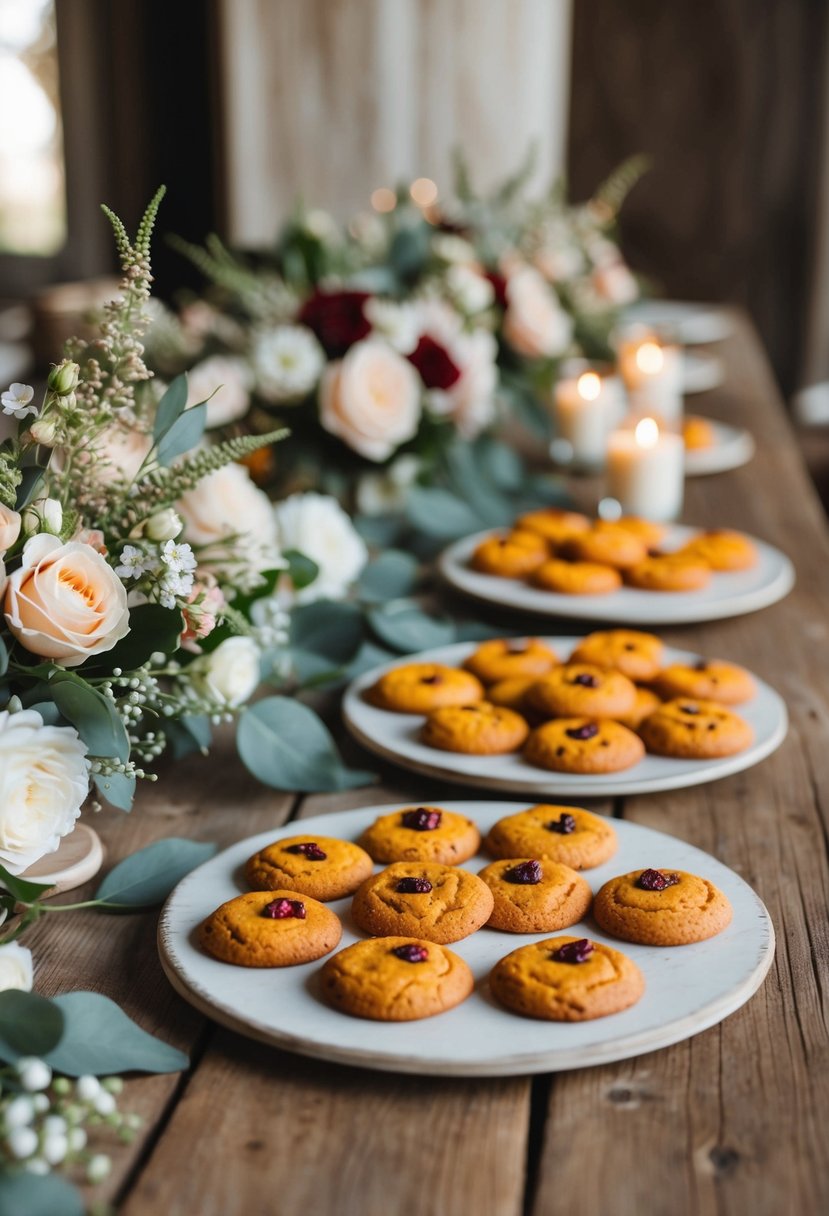 A rustic wooden table adorned with orange cranberry cookies, surrounded by delicate floral arrangements and elegant wedding decor