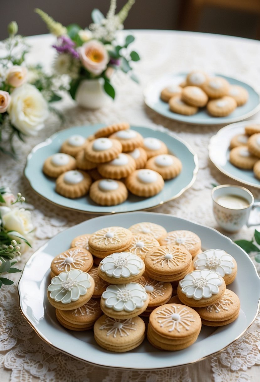 A table set with an assortment of Italian wedding cookies, surrounded by delicate lace and floral decorations