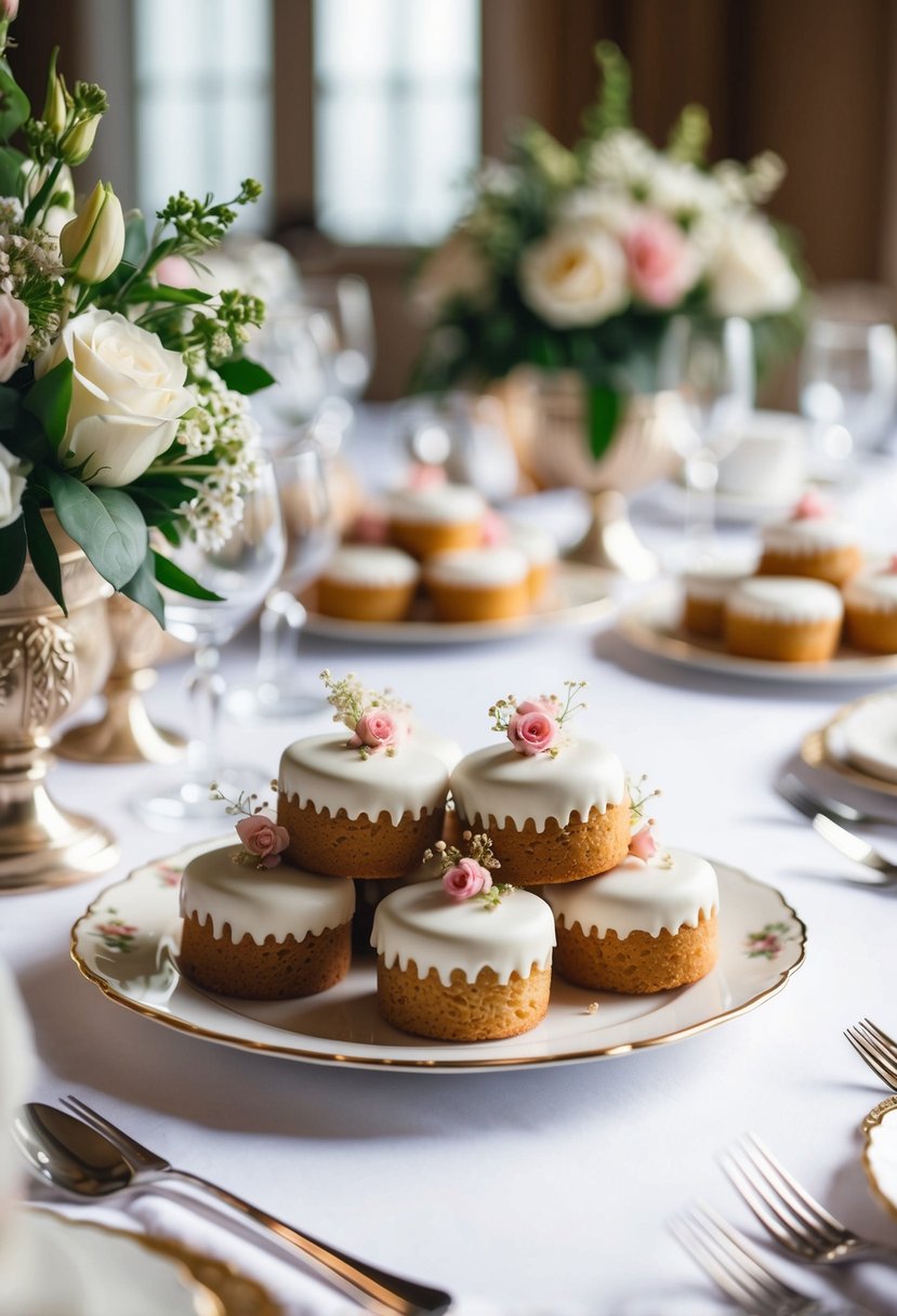 A table set with delicate Russian Tea Cakes, surrounded by elegant wedding decor