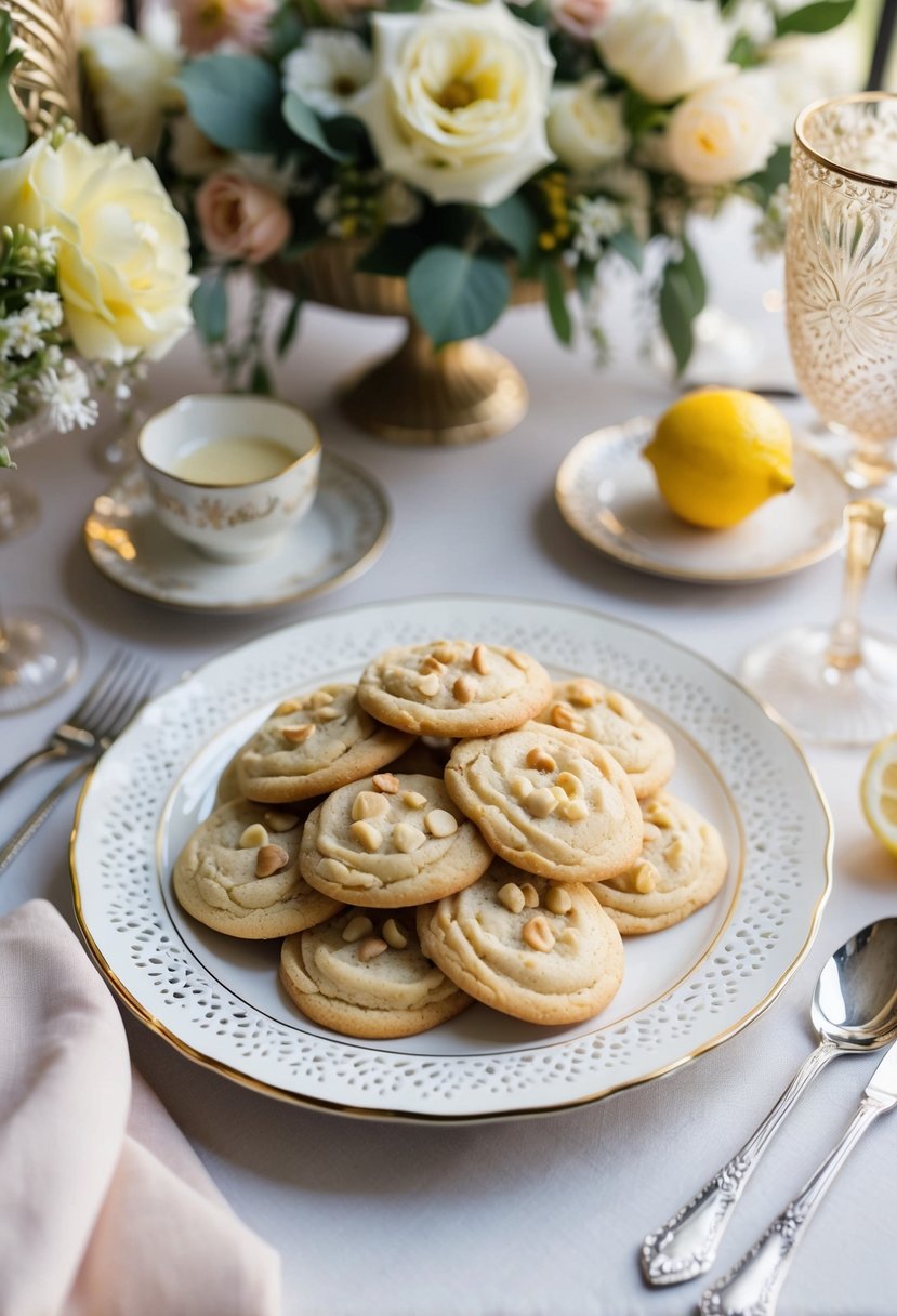 A plate of lemon white chip nut cookies arranged in a decorative wedding setting with flowers and elegant tableware