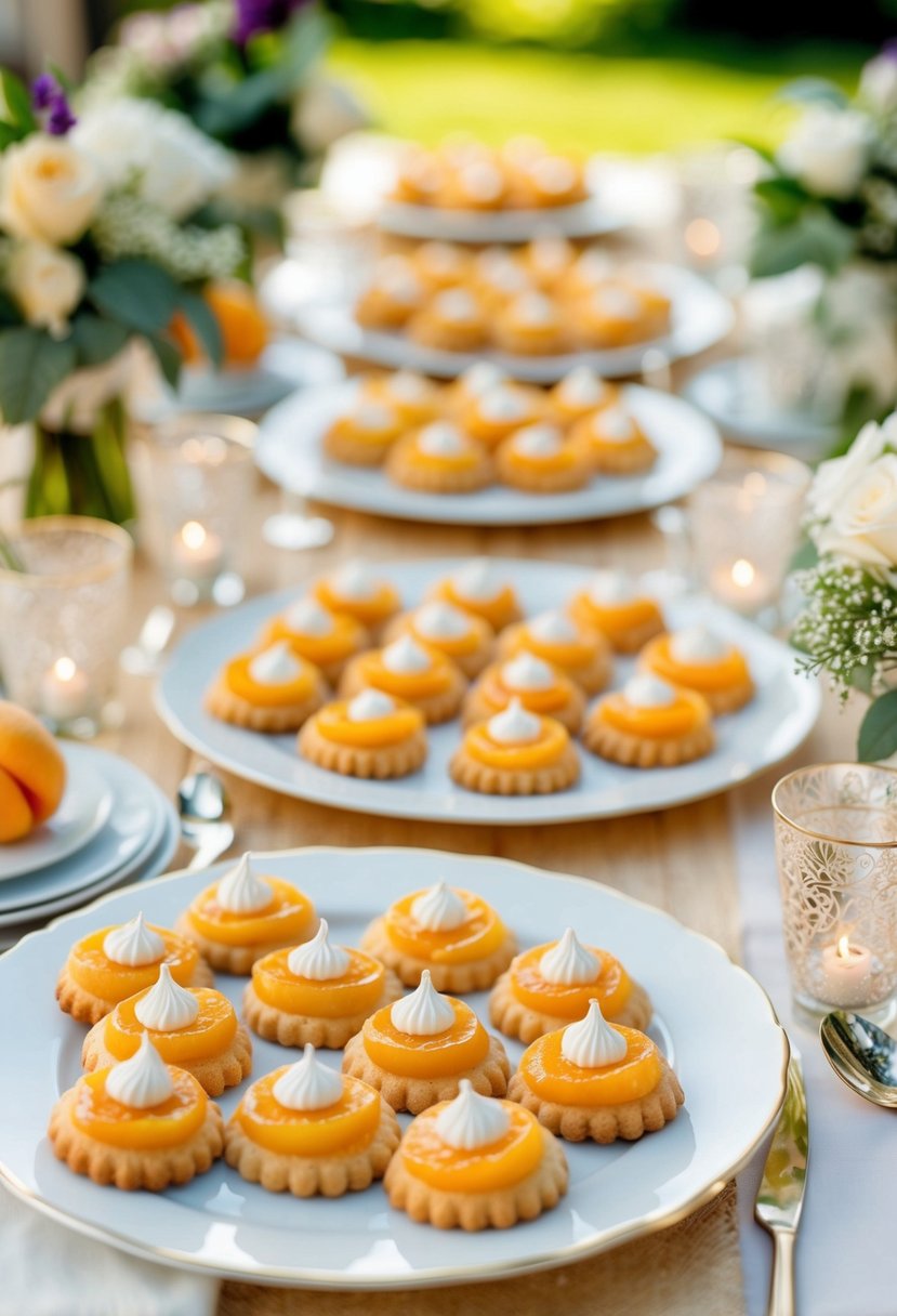 A table spread with apricot torte cookies, adorned with wedding-themed decorations