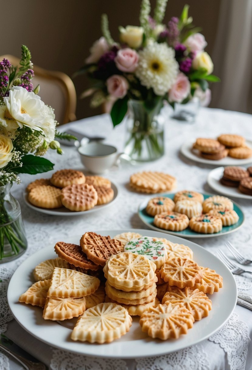 A table set with delicate lace and floral arrangements, showcasing an array of beautifully decorated pizzelle cookies in various shapes and sizes