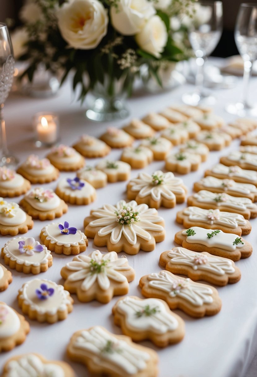 A table adorned with an assortment of delicate shortbread wedding cookies, decorated with intricate icing and delicate edible flowers