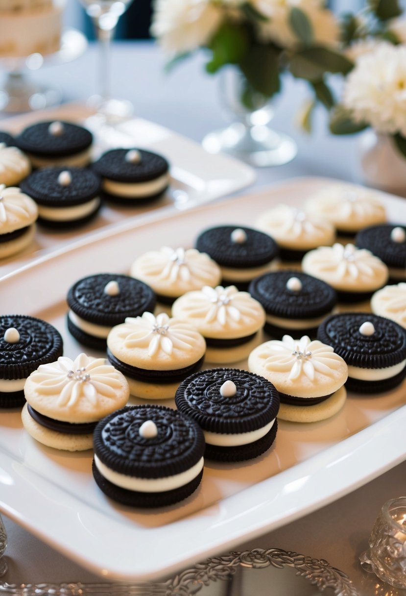 A display of black and white sandwich cookies arranged in a decorative pattern on a white platter, with elegant wedding-themed details