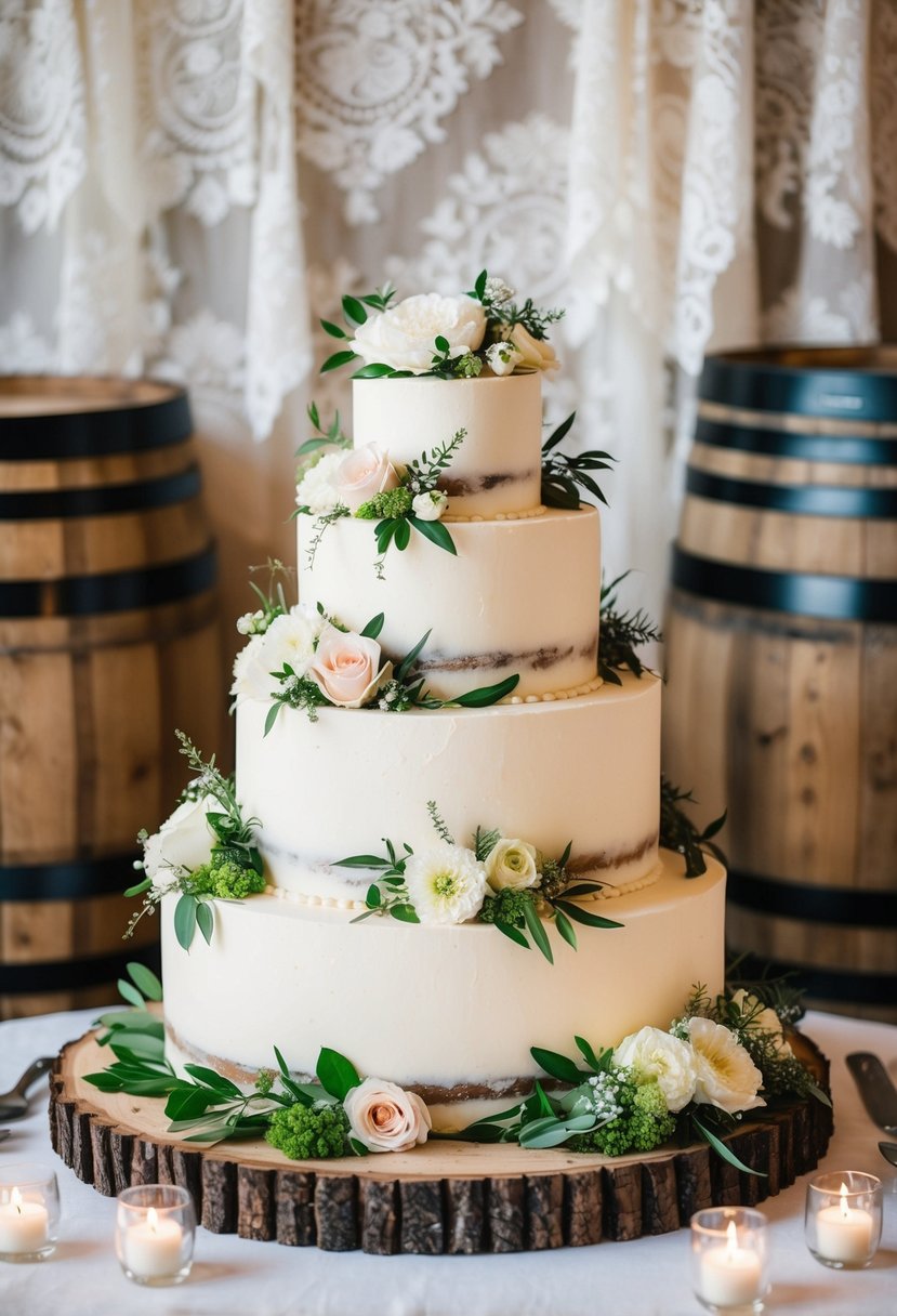 A tiered wedding cake adorned with fresh flowers and greenery, set against a backdrop of wooden barrels and vintage lace