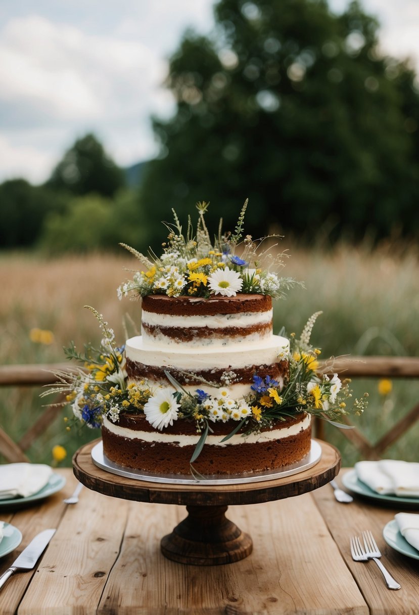 A rustic cake adorned with wildflowers sits on a wooden table, surrounded by a natural and whimsical wedding setting