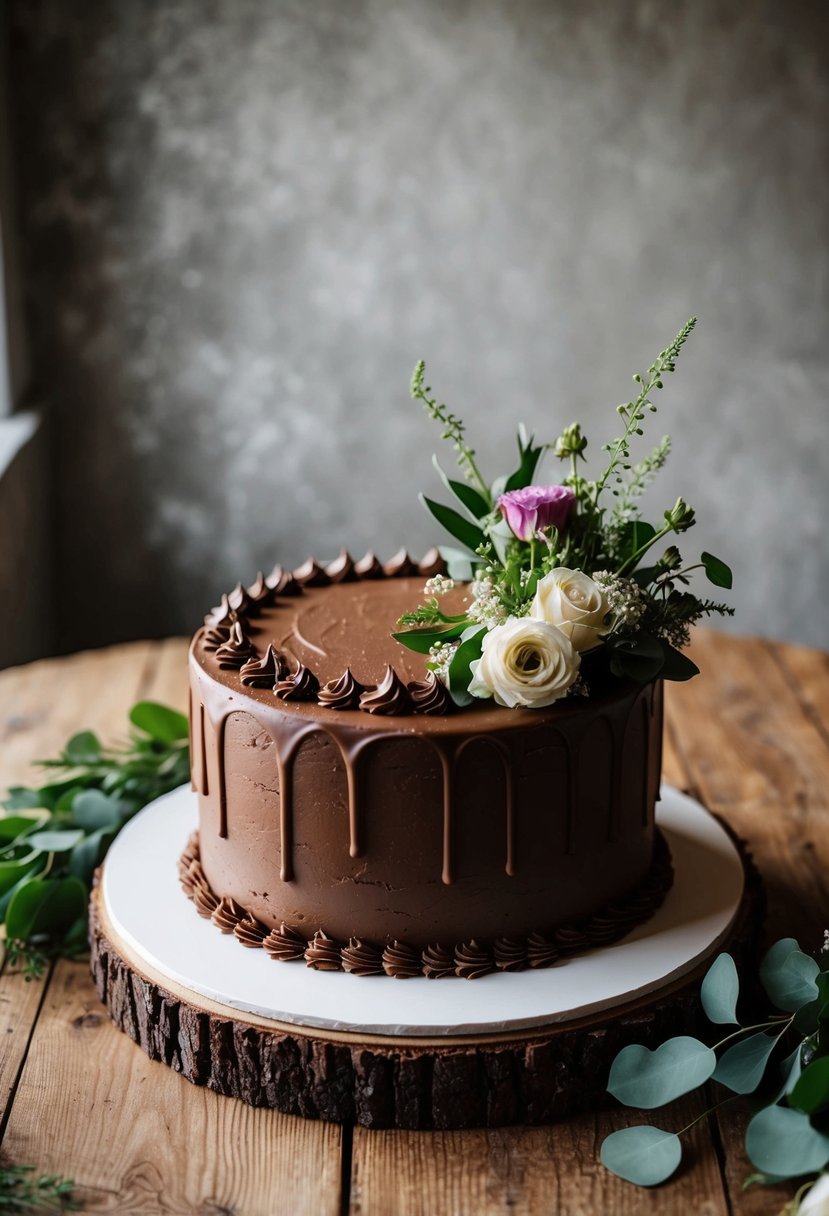 A chocolate ganache cake sits on a wooden table, adorned with fresh flowers and greenery, creating a rustic and elegant wedding cake display