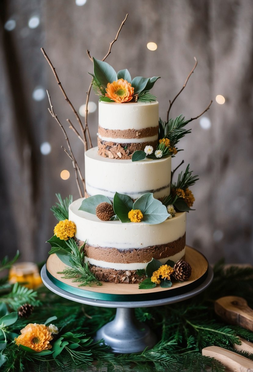 A forest-inspired wedding cake adorned with earthy elements like leaves, twigs, and flowers, set against a rustic backdrop