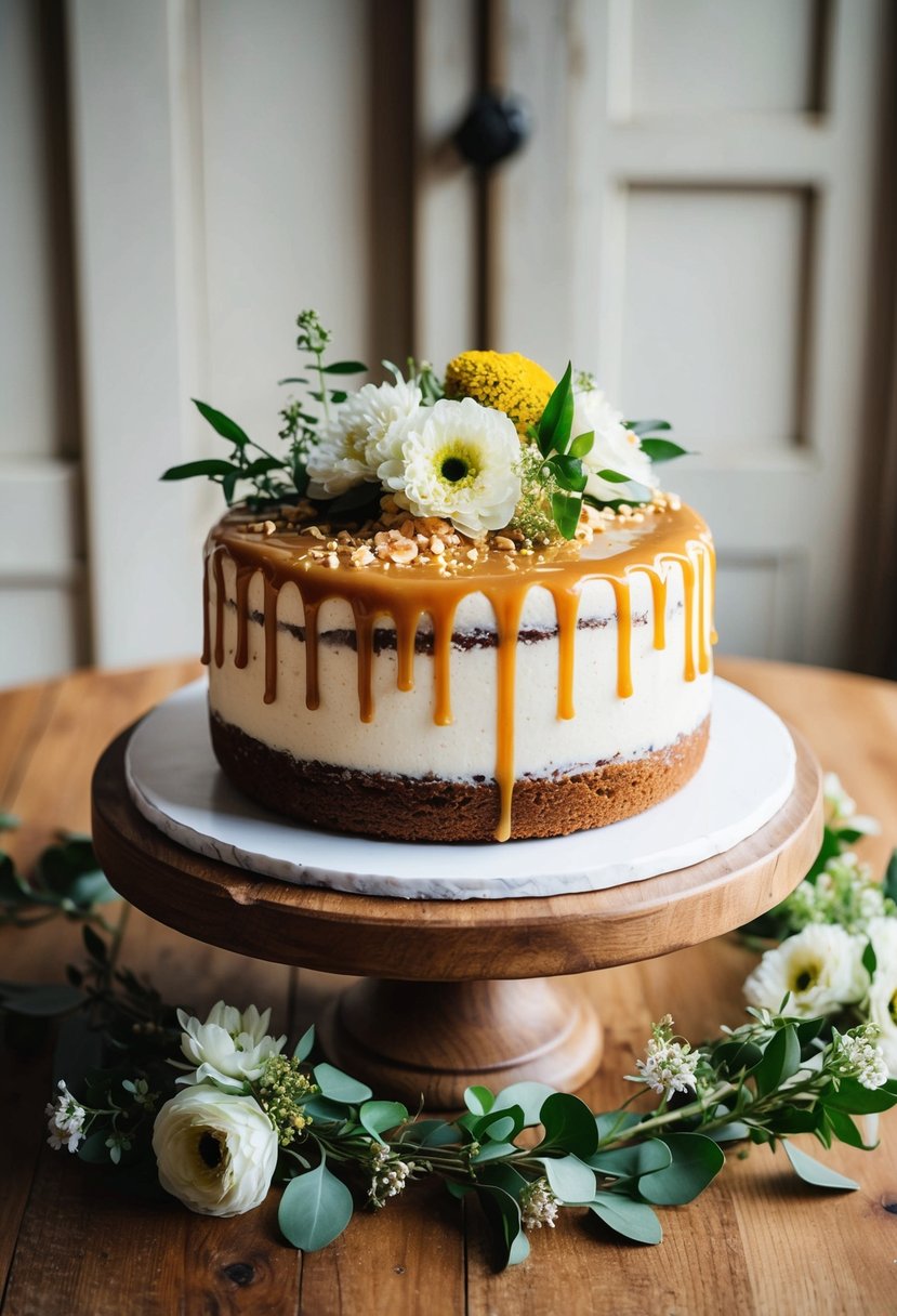 A rustic banoffee cake with toffee drizzle sits atop a wooden table, adorned with fresh flowers and surrounded by vintage wedding decor