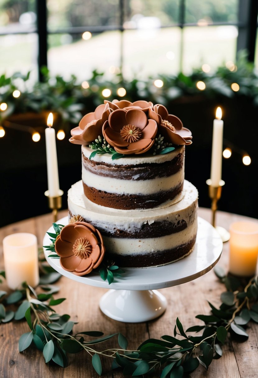 A rustic cake adorned with terracotta sugar flowers sits on a wooden table, surrounded by greenery and soft candlelight