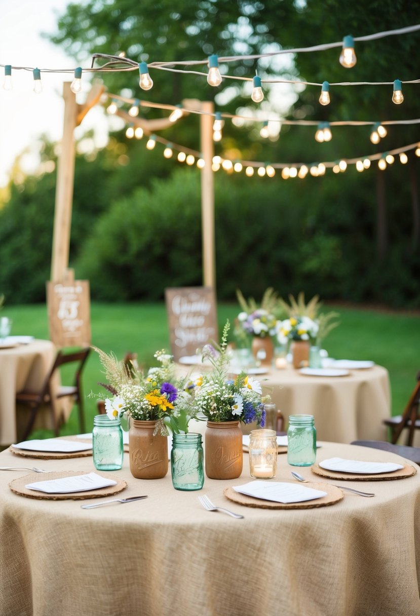 A charming outdoor wedding shower with burlap tablecloths, mason jar centerpieces, and wildflower bouquets. Twinkling string lights and wooden signs add to the rustic ambiance