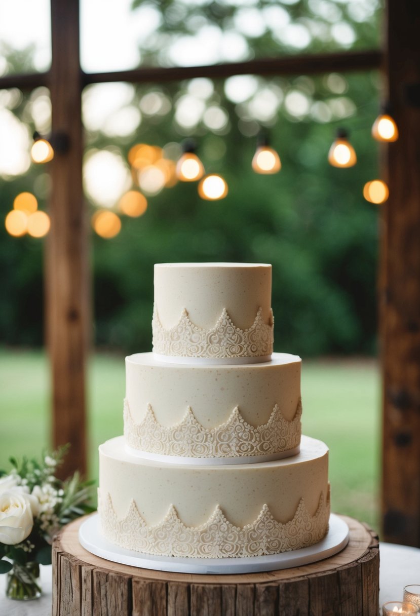 A three-tiered rustic wedding cake with vintage lace-inspired frosting designs