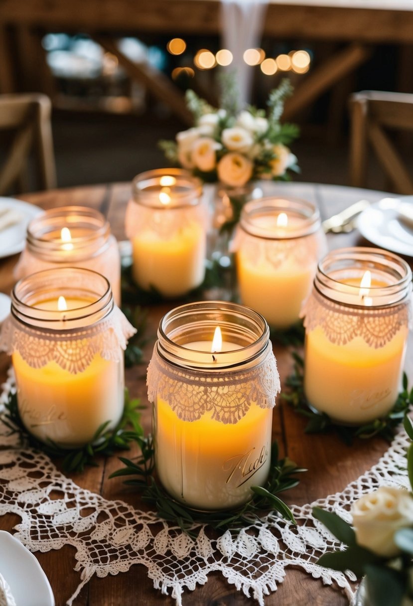 Mason jar candles surrounded by lace, set on wooden tables at a rustic wedding shower