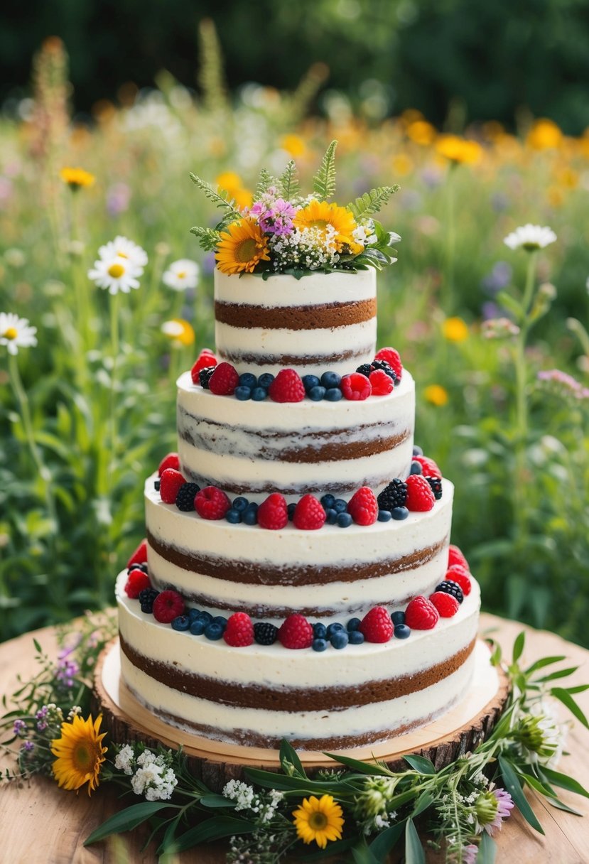 A three-tiered wedding cake adorned with fresh berries sits on a wooden table, surrounded by wildflowers and greenery